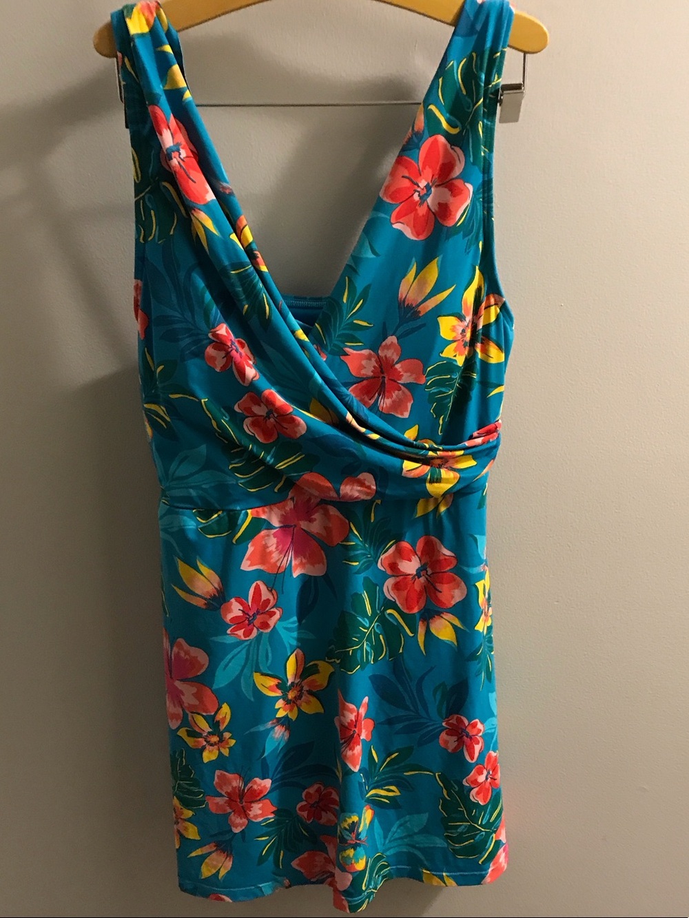 Lands' End Teal Slender Suit Floral Wrap One-Piece Swimdress with Tummy control